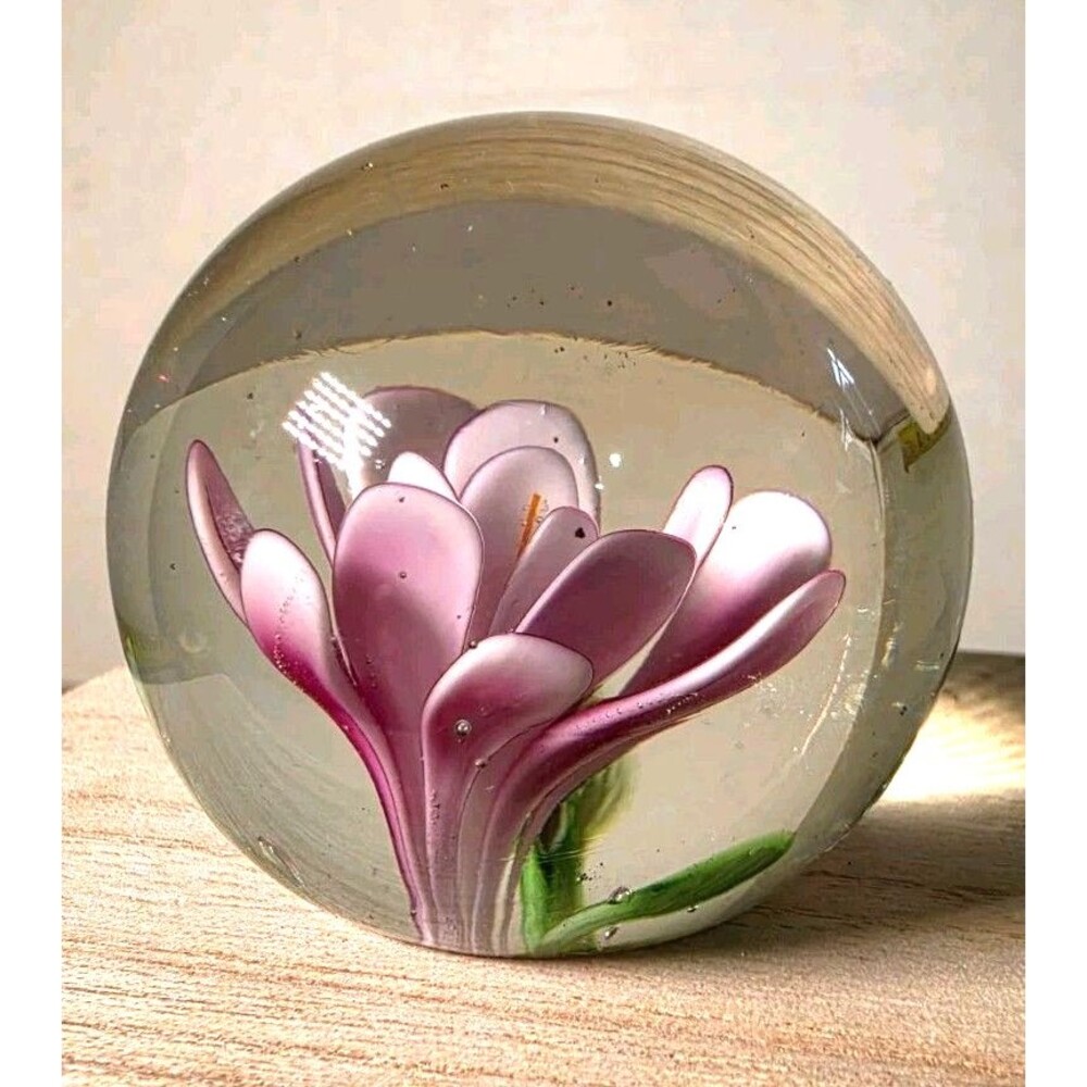 Vintage Paperweight Pink Flower Clear Glass Ball Sphere 2"